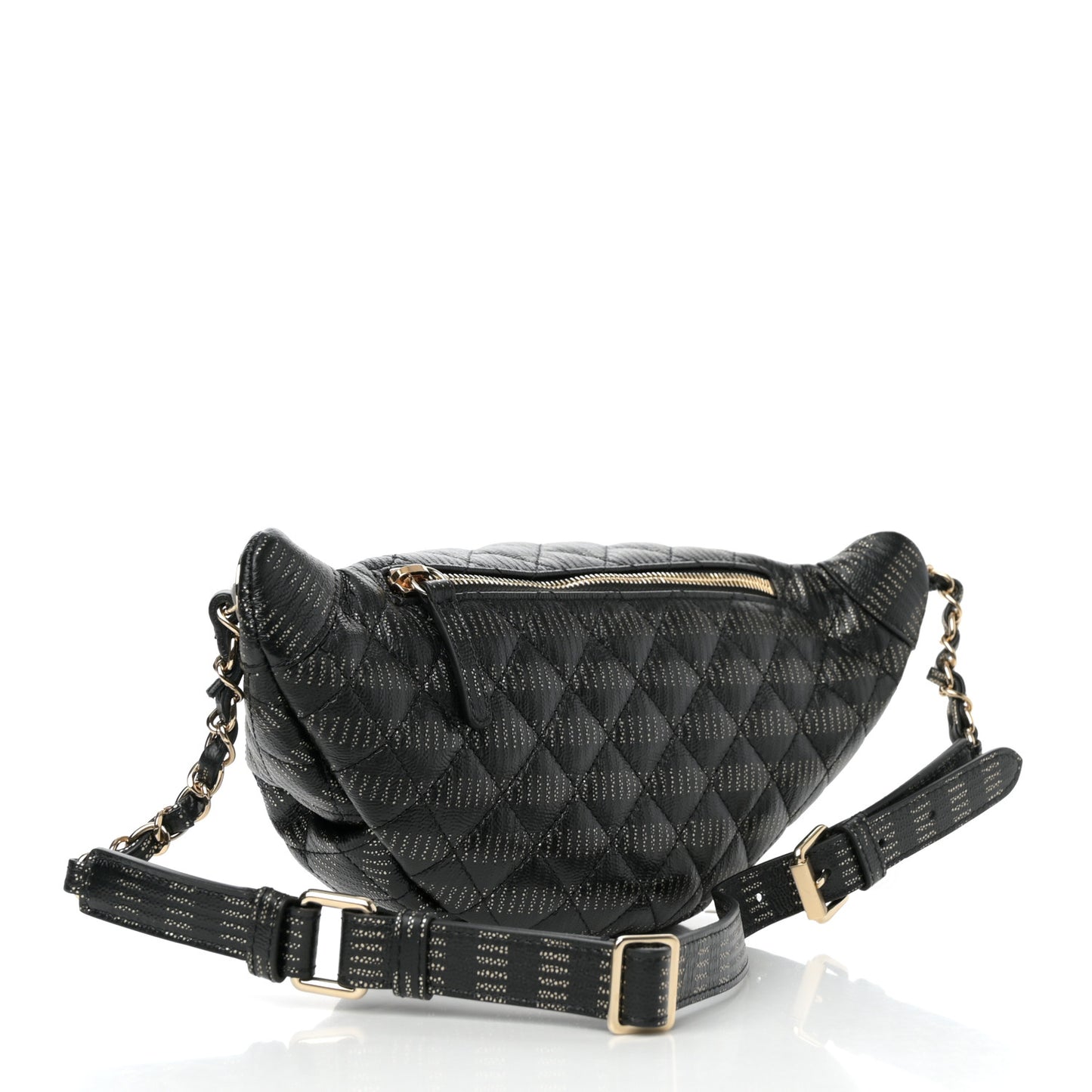Metallic Caviar Striped Banane Waist Bag Fanny Pack Black Gold