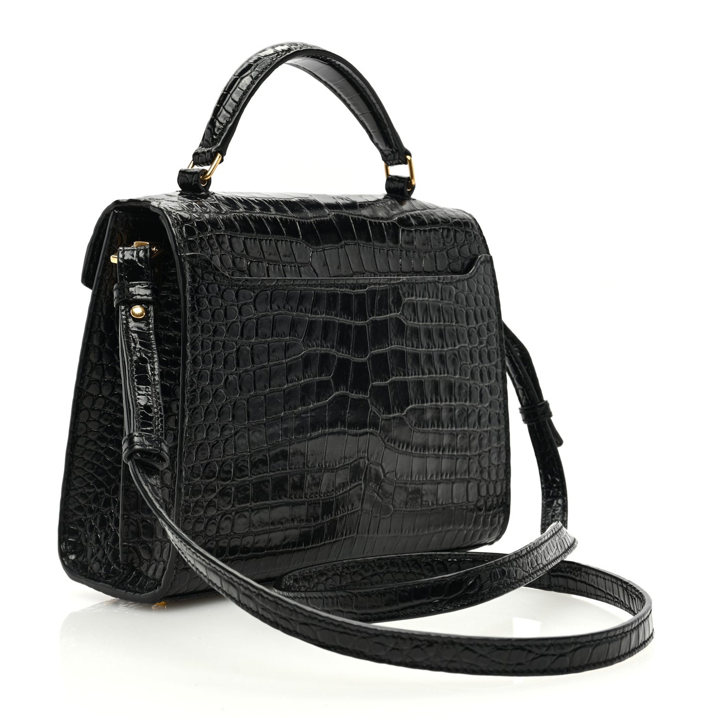 Calfskin Crocodile Embossed Mini Classic Monogram Cassandra Top Handle Black