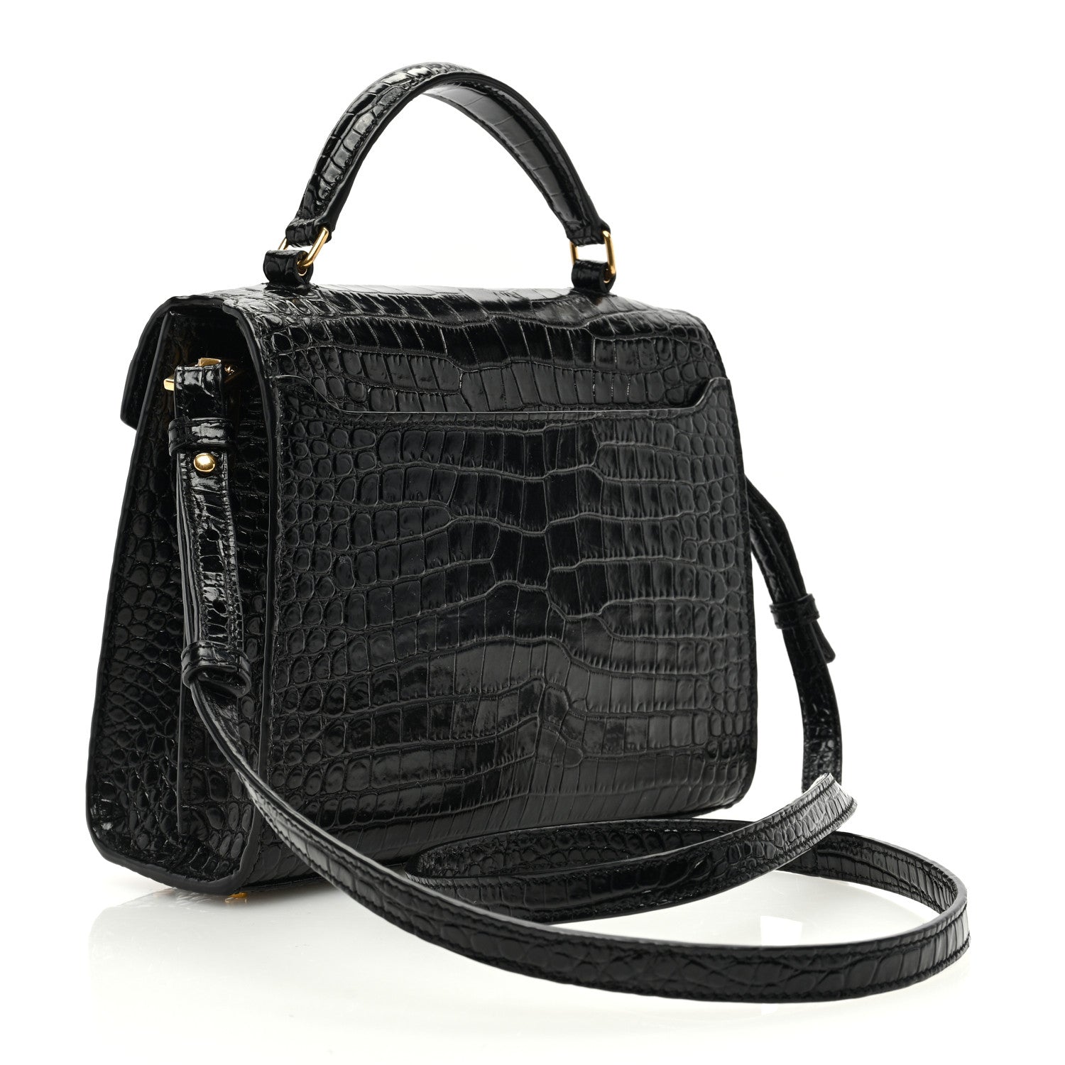 Saint Laurent Calfskin Crocodile Embossed Mini Classic Monogram Cassandra Top Handle Black 3 of 9