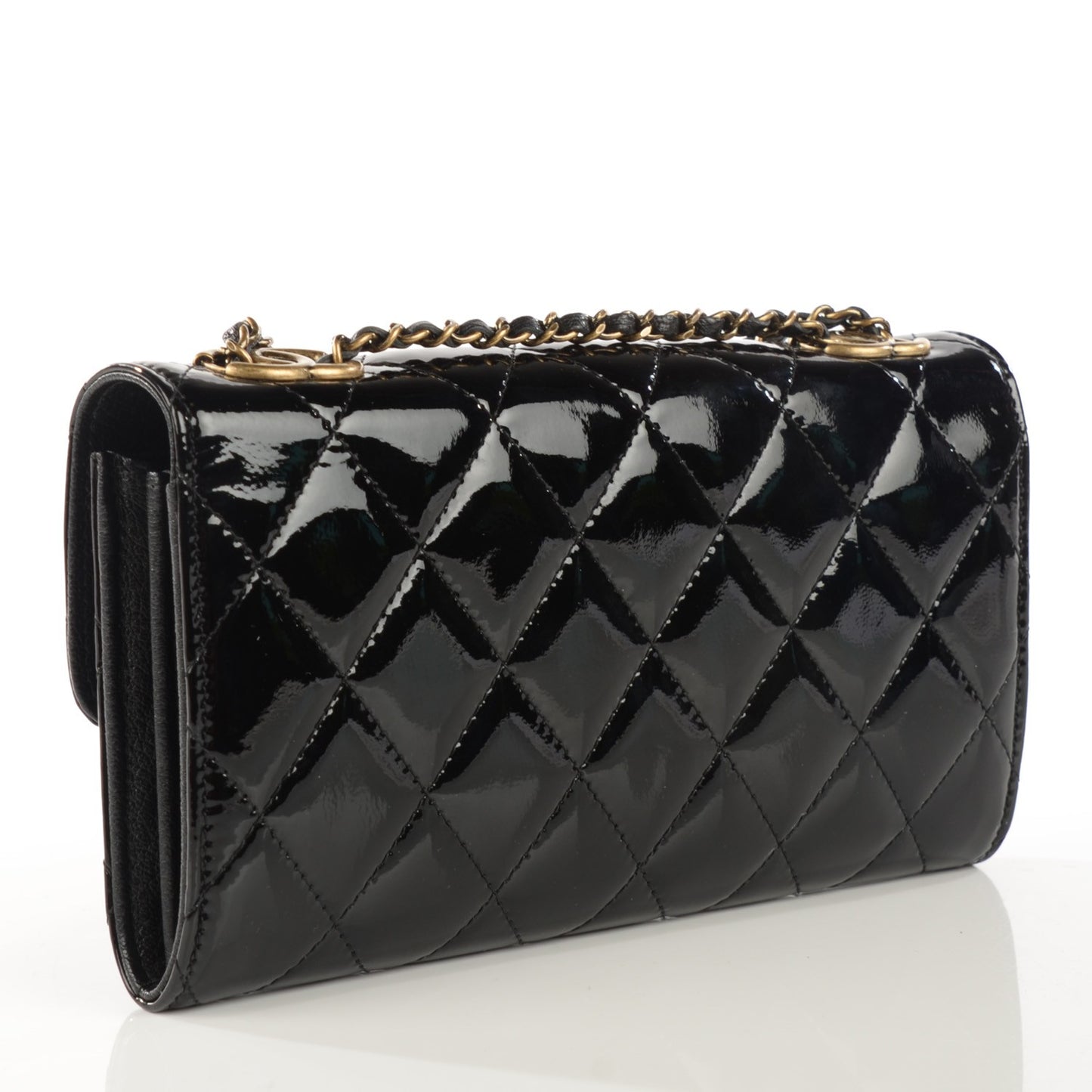 Patent Goatskin Quilted CC Eyelet Wallet On Chain Black