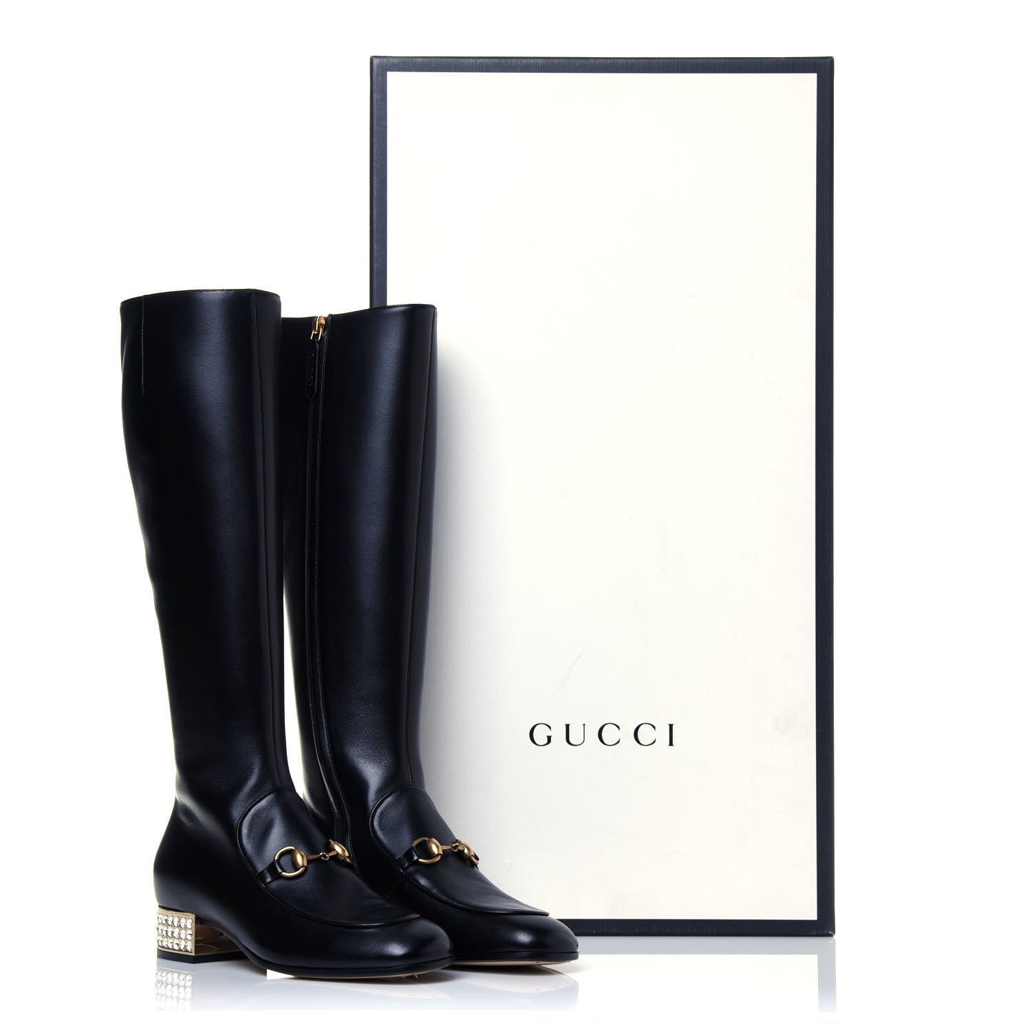 Gucci Calfskin Knee High Horsebit Crystal Heel Boots 35.5 Black 8 of 8