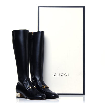 Gucci Calfskin Knee High Horsebit Crystal Heel Boots 35.5 Black 8 of 8