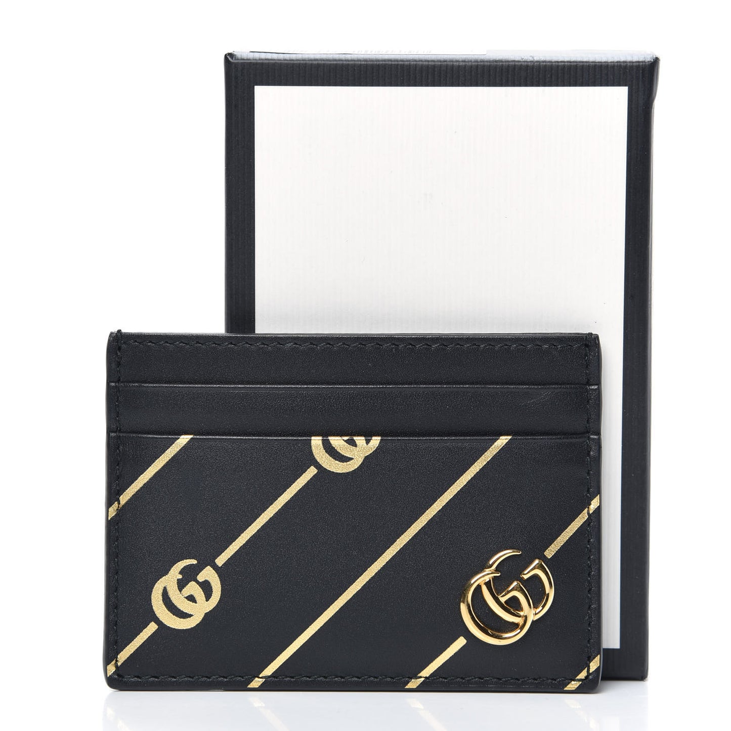 Calfskin Diagonal GG Card Holder Black Gold