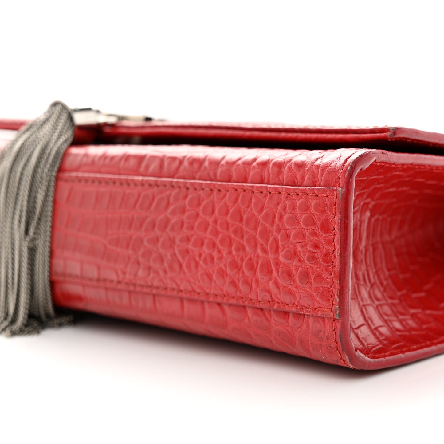 Calfskin Crocodile Embossed Medium Classic Monogram Kate Tassel Satchel New Red
