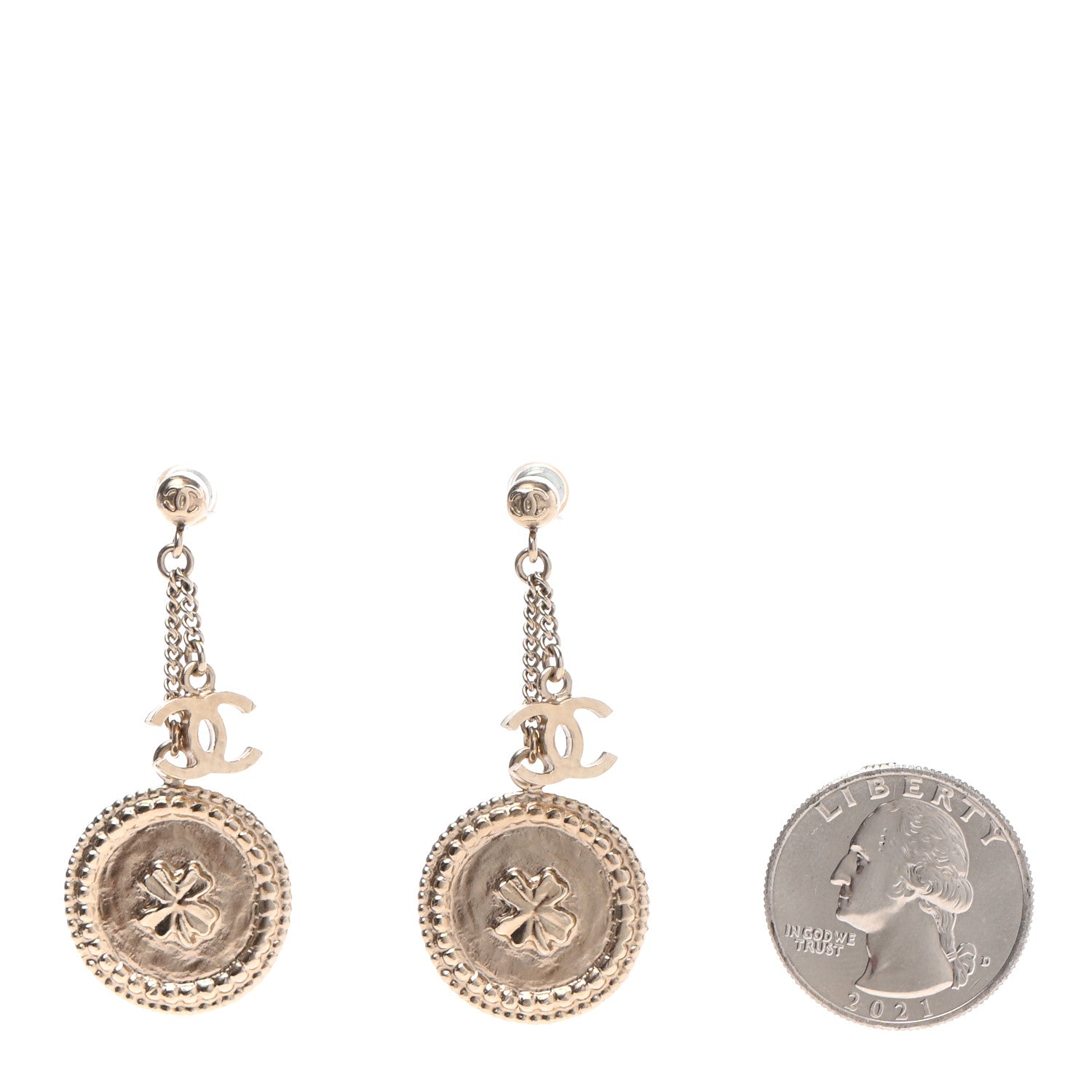 Chanel Medallion Clover CC Drop Earrings Light Gold 2 of 7