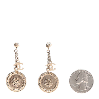 Chanel Medallion Clover CC Drop Earrings Light Gold 2 of 7