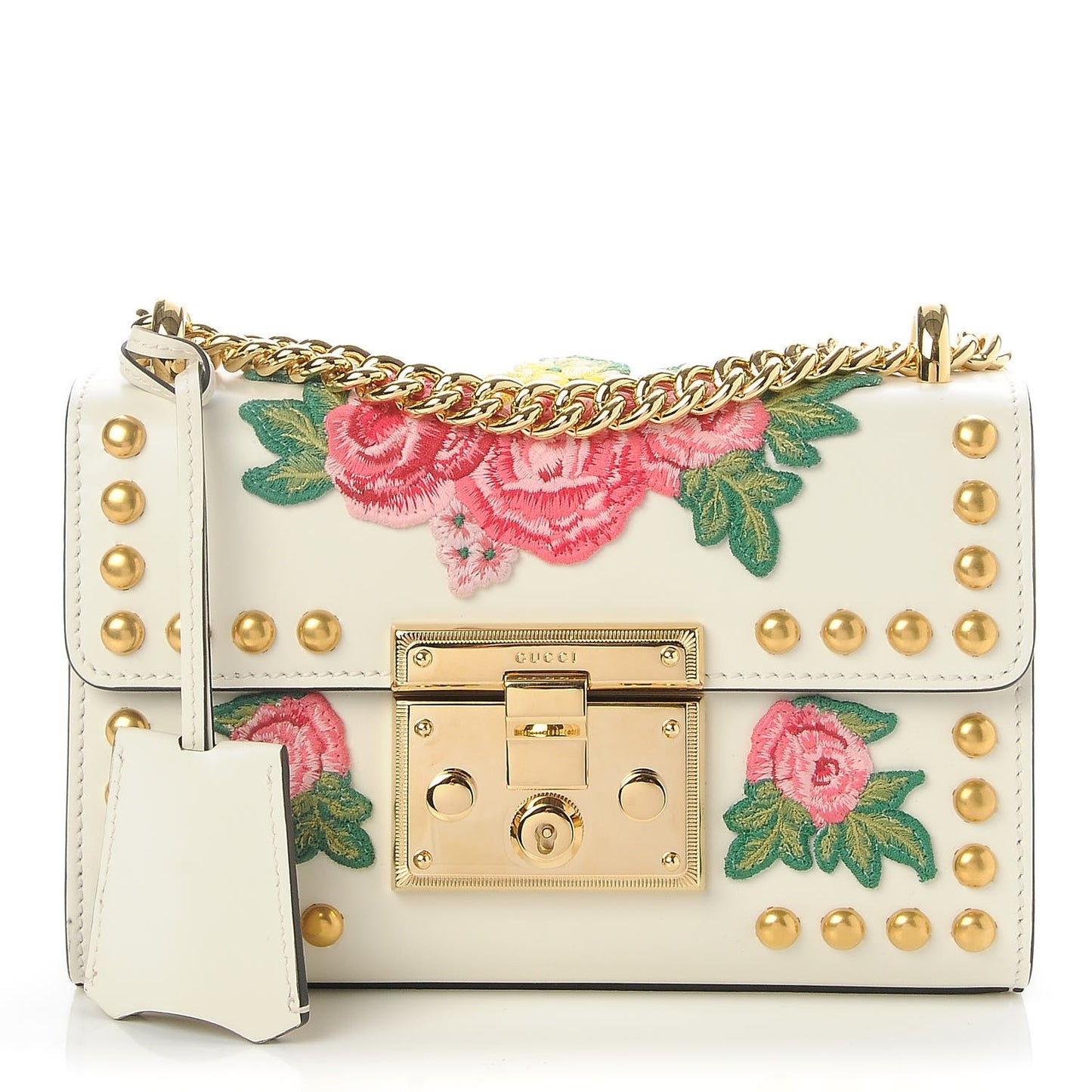 Calfskin Floral Embroidered Small Padlock Shoulder Bag White