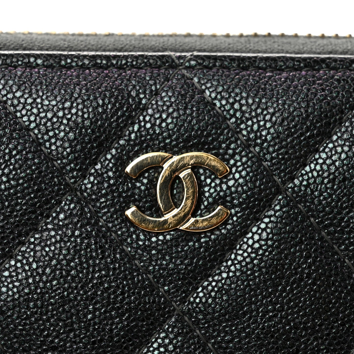 Iridescent Caviar Quilted Large Zip Around Organizer Wallet Black