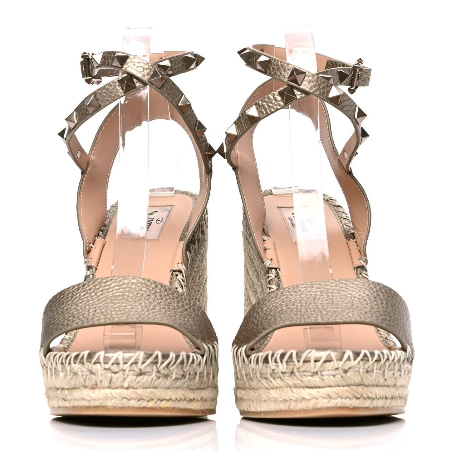 Metallic Grained Calfskin Rockstud Crisscross Ankle Strap Espadrille Wedge Sandals 40 Skin Natural