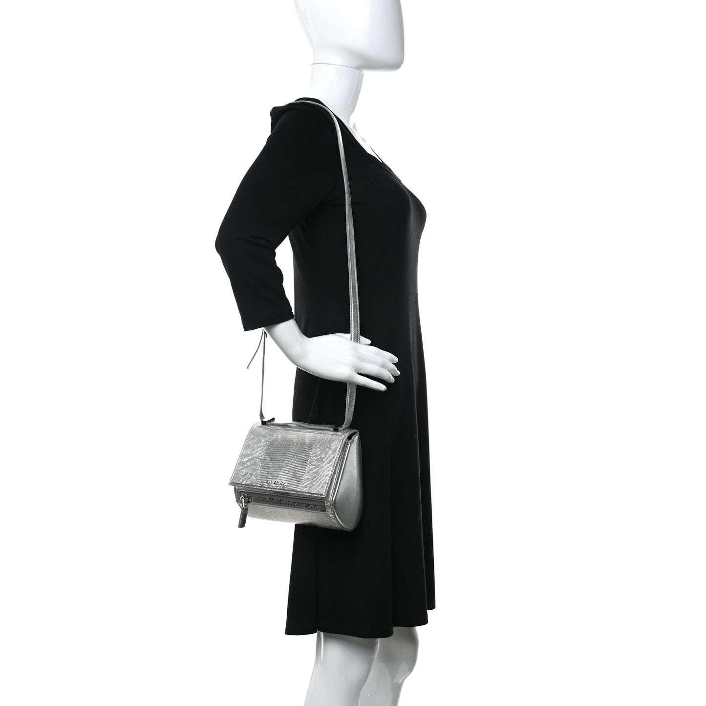 Metallic Calfskin Lizard Embossed Mini Pandora Box Crossbody Bag Silver