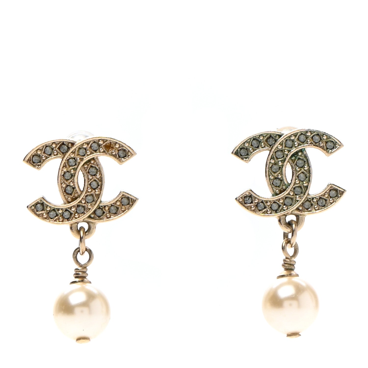 Chanel Crystal Pearl CC Drop Earrings Gold 1 of 4