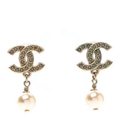 Chanel Crystal Pearl CC Drop Earrings Gold 1 of 4