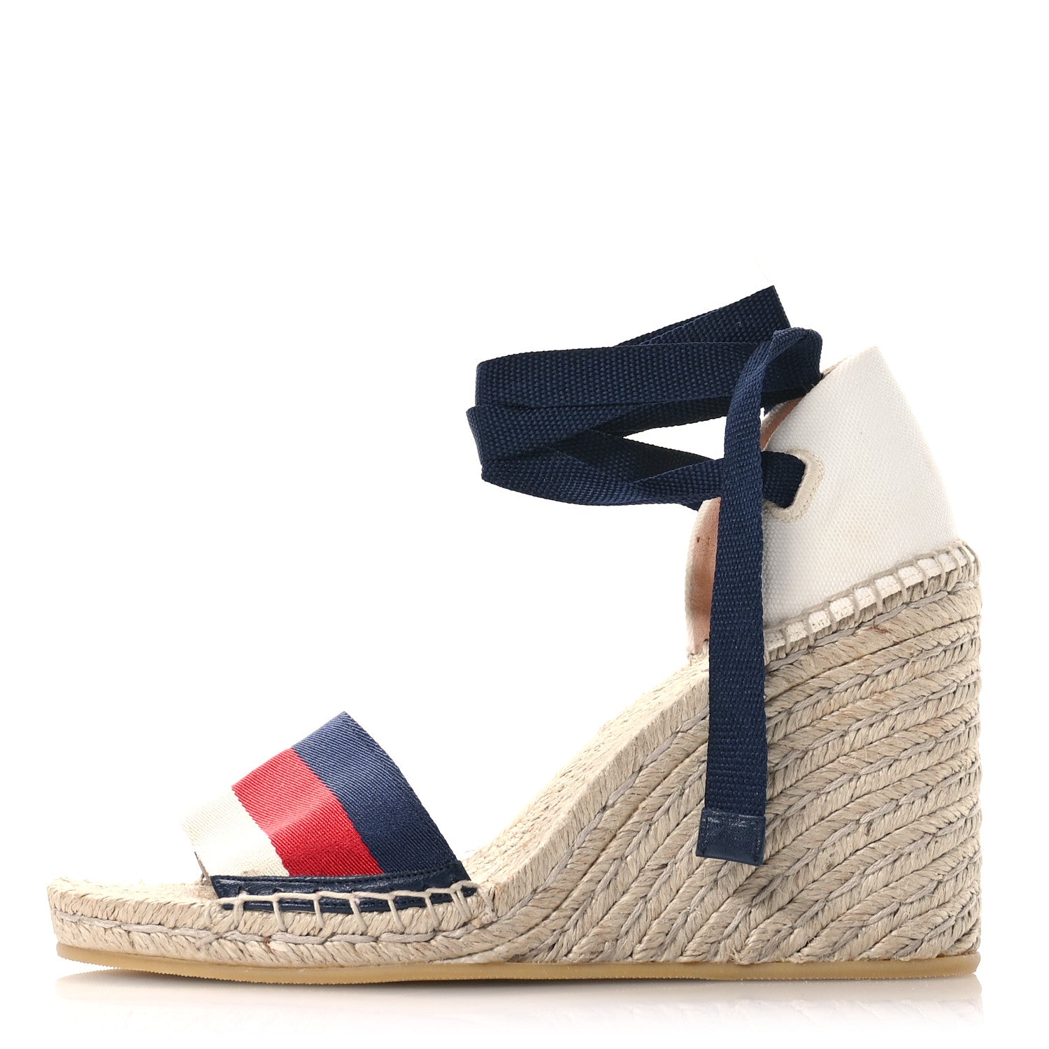 Gucci Canvas Sylvie Web Ankle Wrap Espadrille Wedge Sandals 38.5 Mystic White Hibiscus Red Maritime 1 of 9