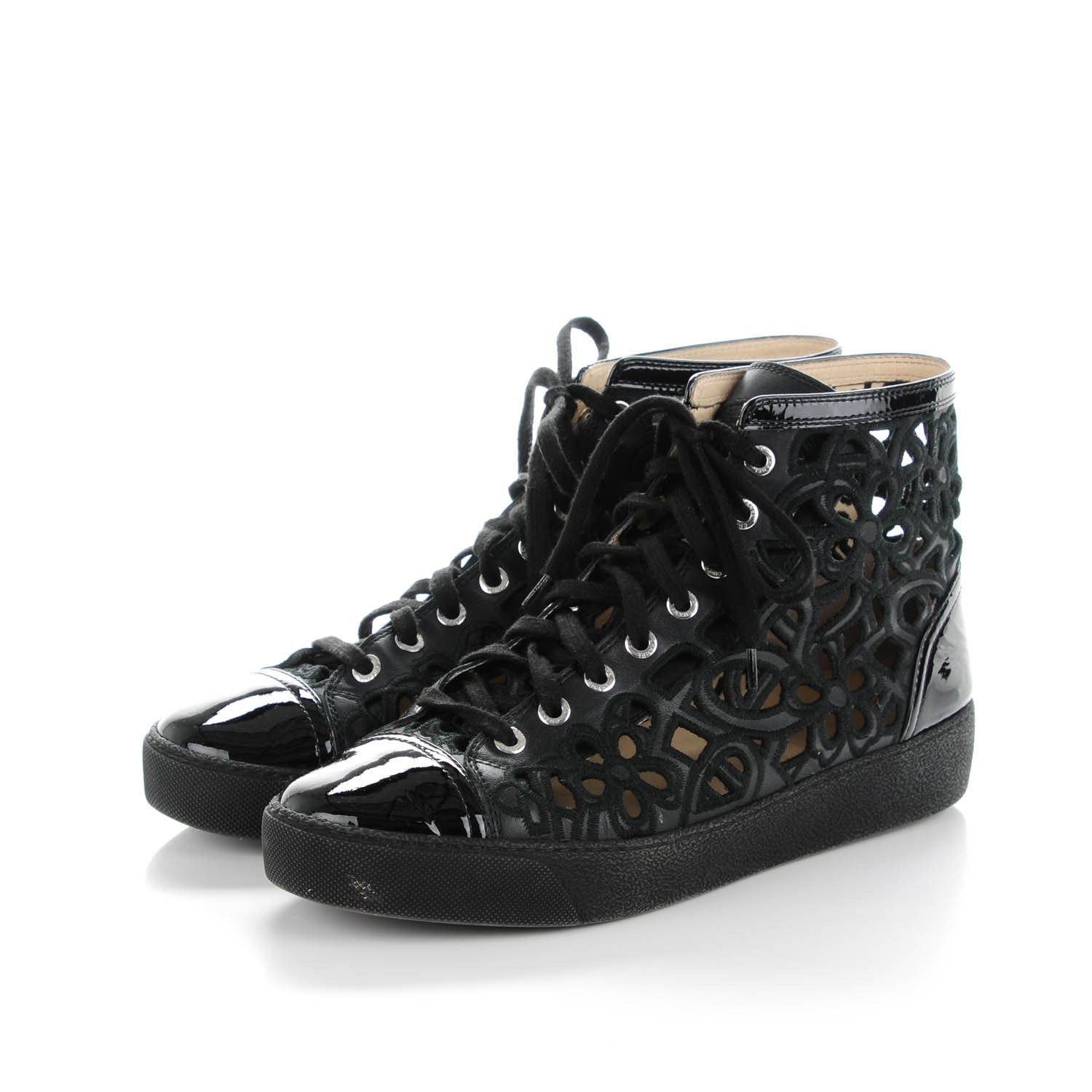 Chanel Patent Grained Goatskin Hollow Out Flower Sneakers 39 Black 3 of 7