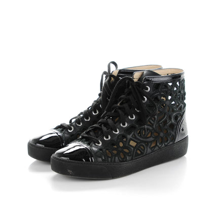 Chanel Patent Grained Goatskin Hollow Out Flower Sneakers 39 Black 3 of 7