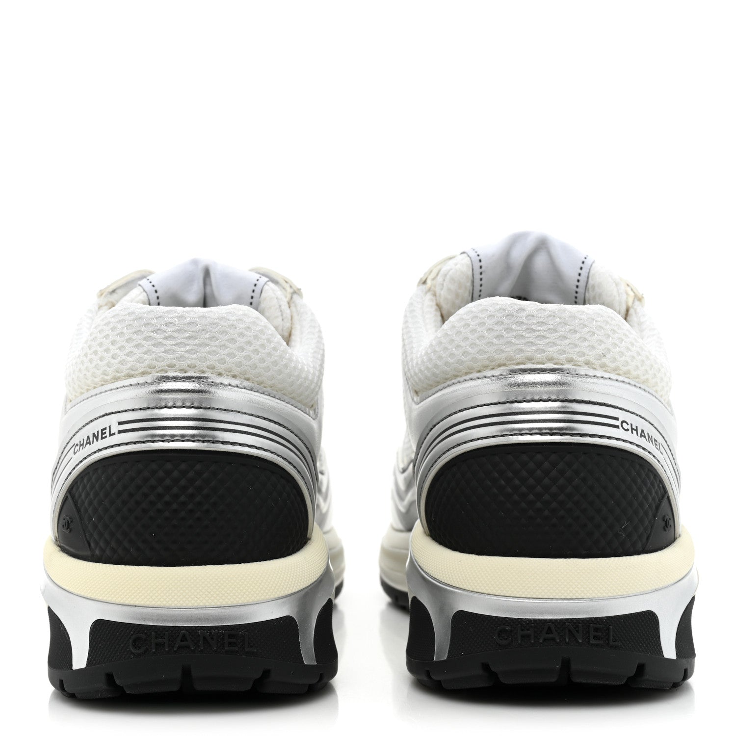 Chanel Fabric Laminated Calfskin Stretch CC Womens Sneakers 38 White Silver 4 of 10