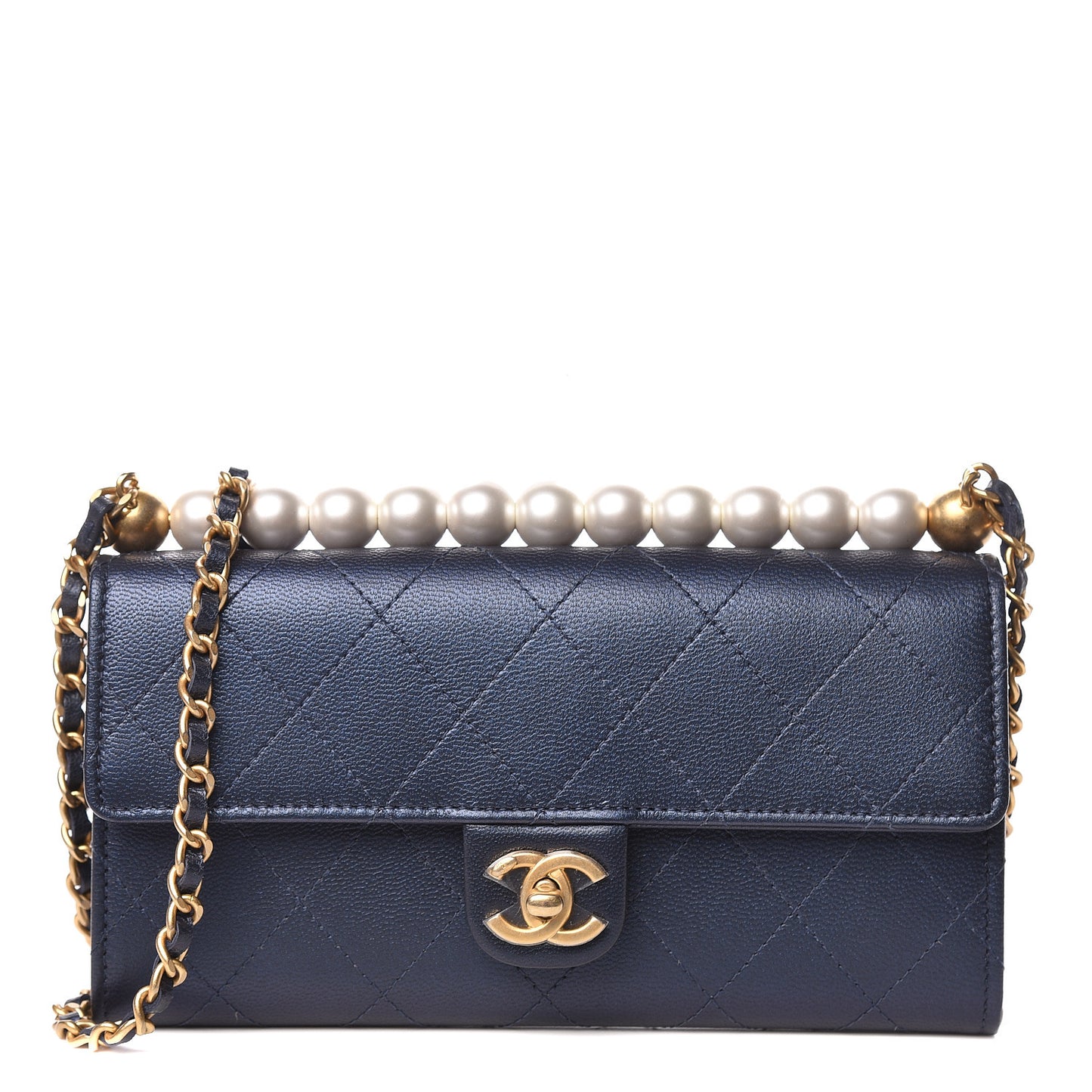 Iridescent Lambskin Quilted Chic Pearls Clutch With Chain Blue