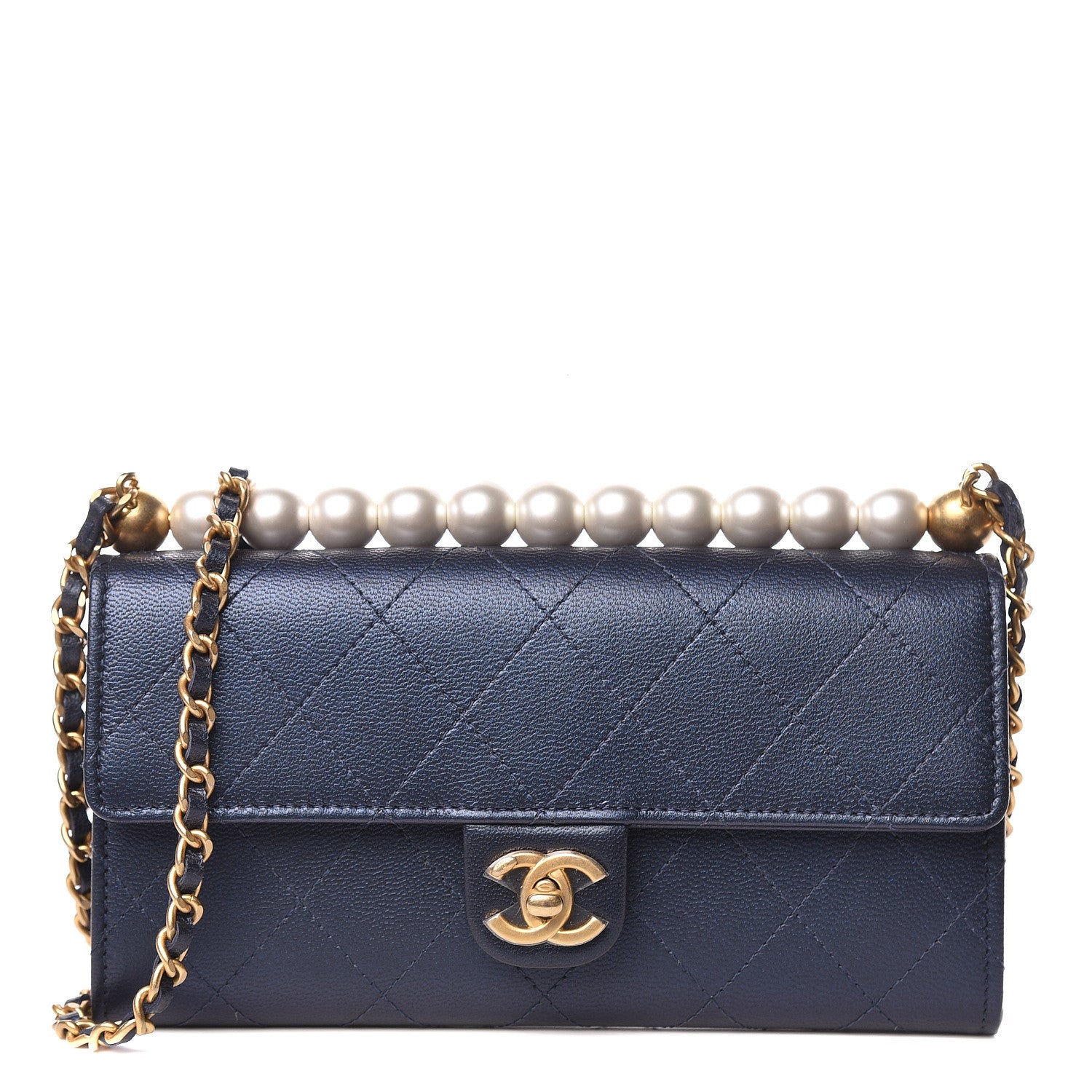 Chanel Iridescent Lambskin Quilted Chic Pearls Clutch With Chain Blue 1 of 12