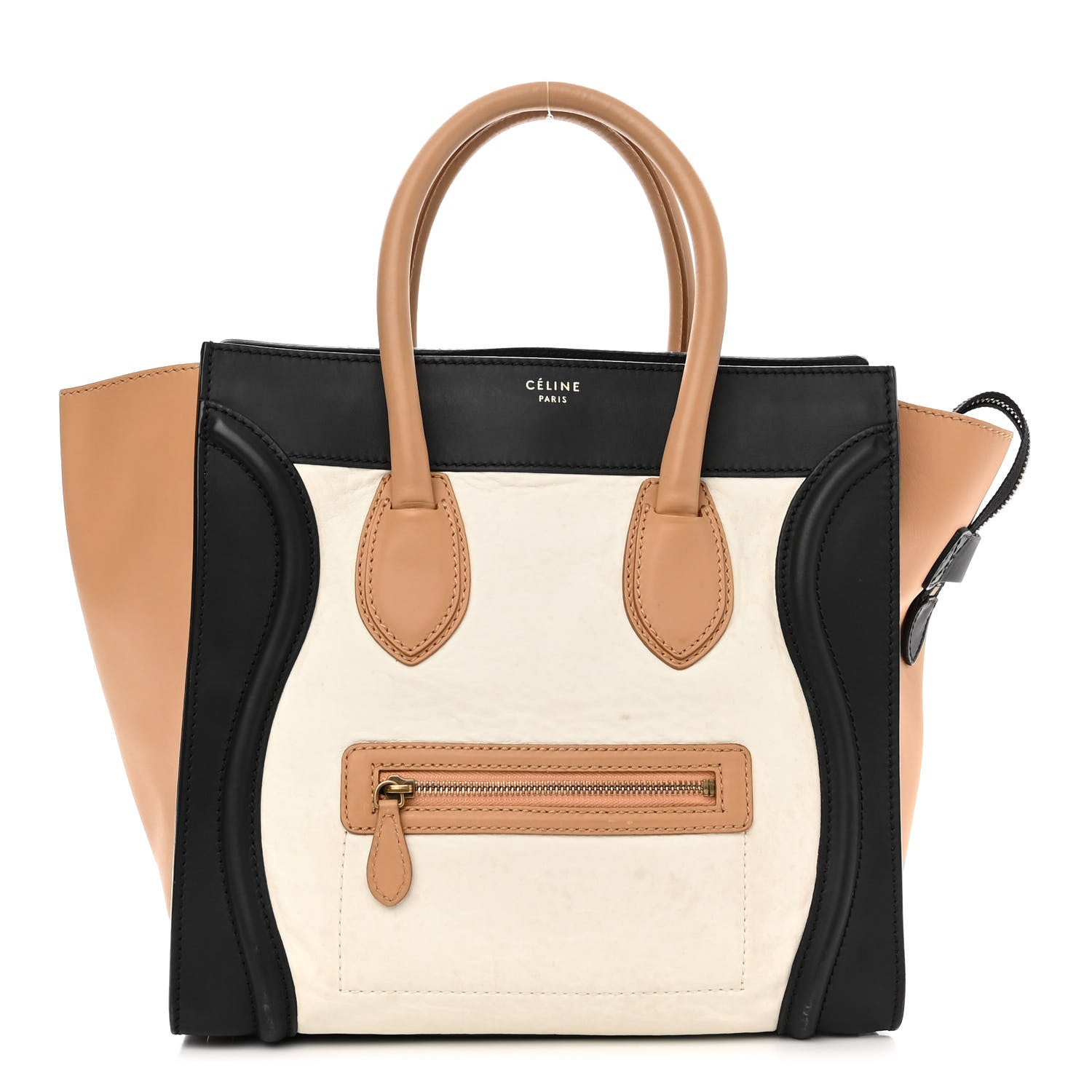 Celine Calfskin Shrunken Lambskin Micro Tri-Color Luggage Black Brown White 1 of 13