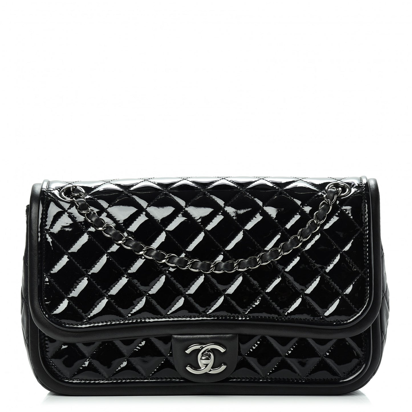 Patent Quilted Jumbo Classic Twist Flap Bag Black