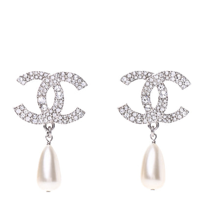 Chanel Crystal Pearl CC Drop Darling Bows Earrings Silver Pearly White 1 of 5
