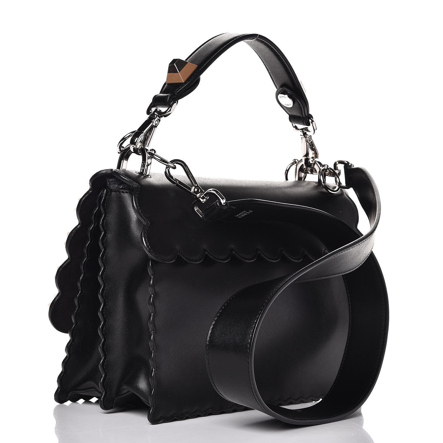 Fendi Vitello Liberty Pearl Bi-Color Flowers and Bows Scalloped Studded Kan I Shoulder Bag Black Camelia 4 of 11
