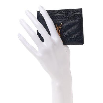 Saint Laurent Grain De Poudre Matelasse Chevron Monogram Credit Card Case Navy 2 of 7