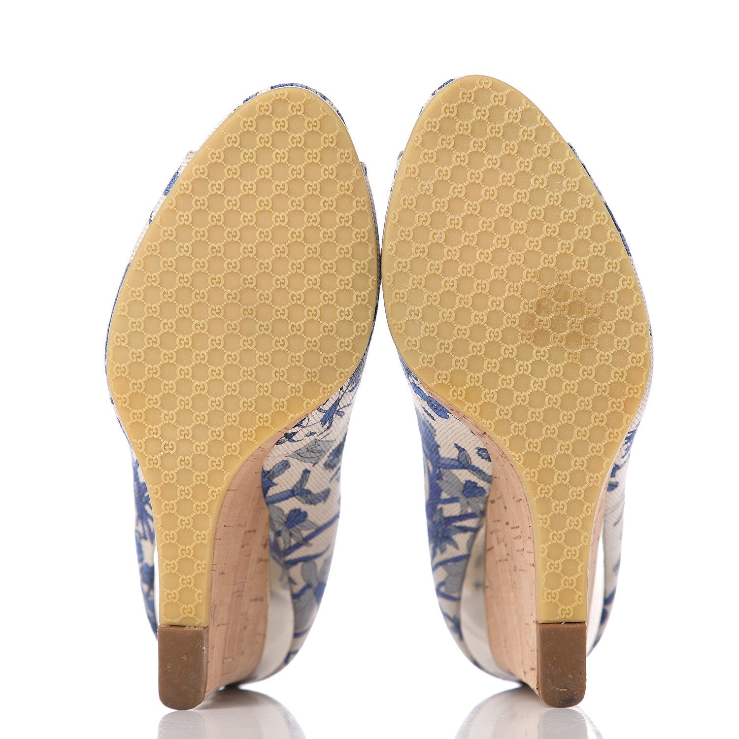 Gucci Canvas Cork Flora Peep Toe Wedge 7 Indigo 5 of 9