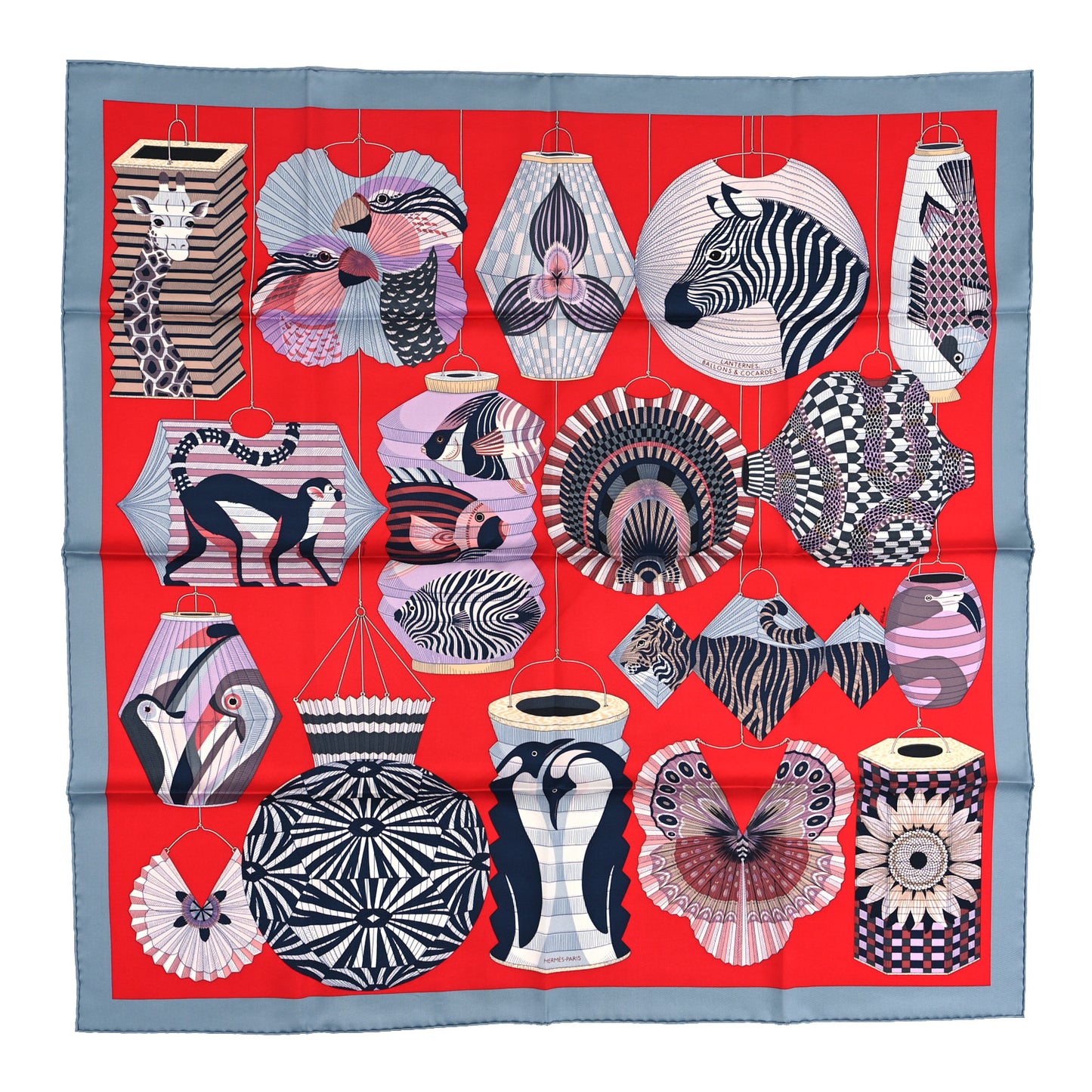 Silk Lanternes Ballons et Cocardes Scarf 90 Gris Rouge Mauve