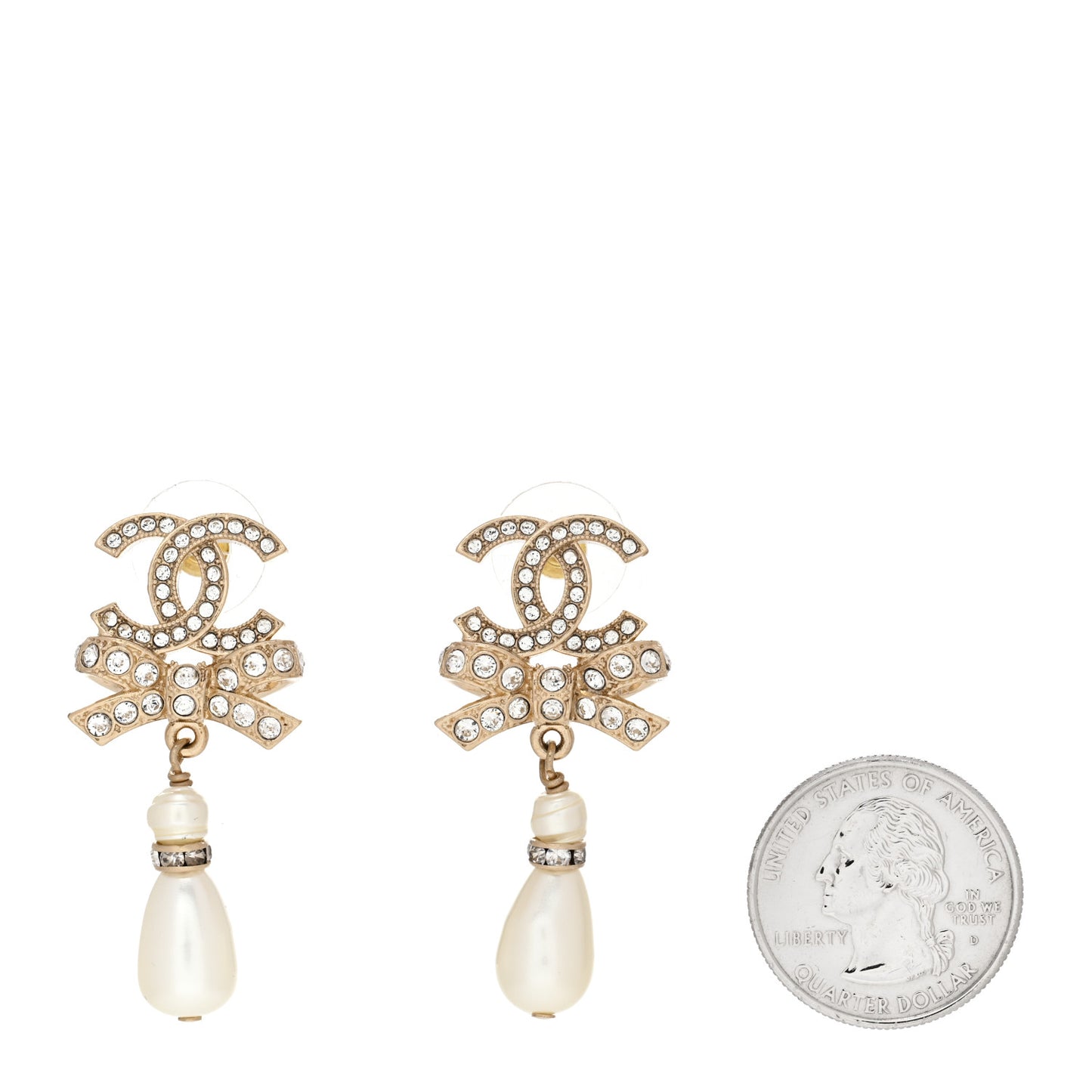 Crystal CC Bow Pearl Drop Earrings Gold Pearly White