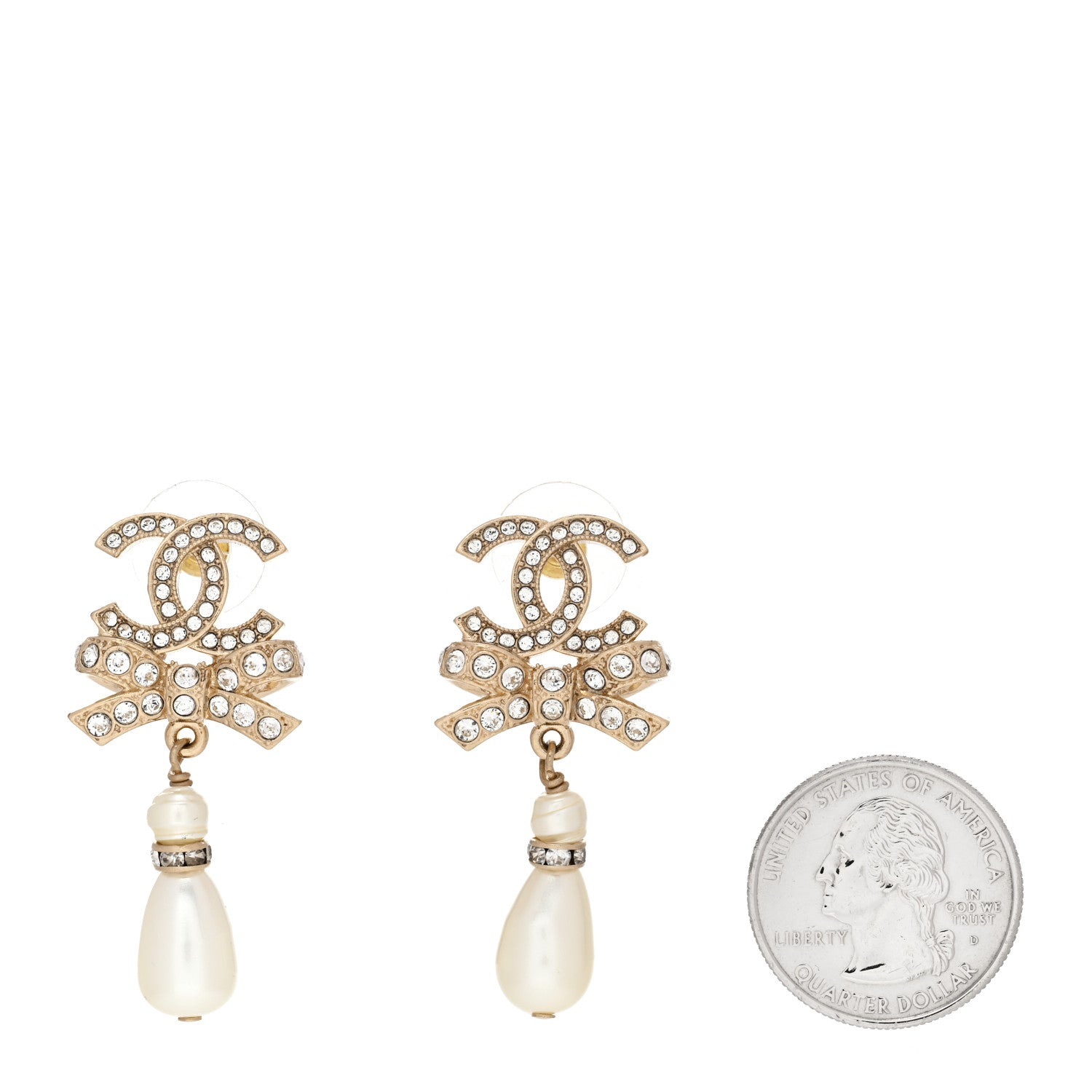 Chanel Crystal CC Bow Pearl Drop Earrings Gold Pearly White 2 of 5