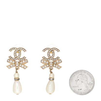 Chanel Crystal CC Bow Pearl Drop Earrings Gold Pearly White 2 of 5