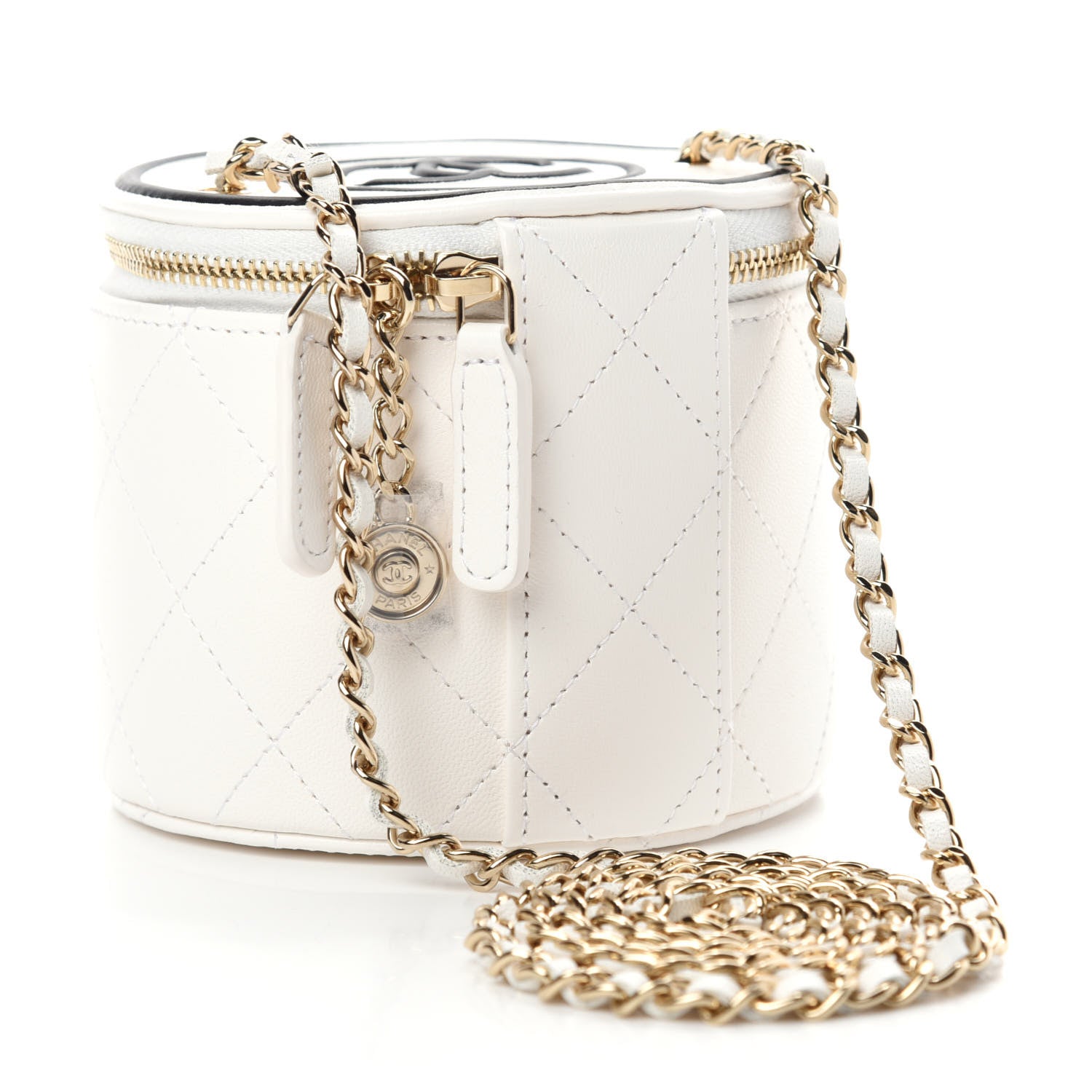 Chanel Lambskin Quilted Round Small Vanity Case With Chain White Black 3 of 12