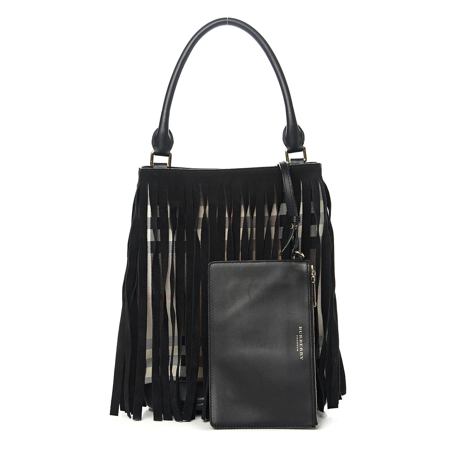 Prorsum Suede House Check Fringe Bucket Bag Black