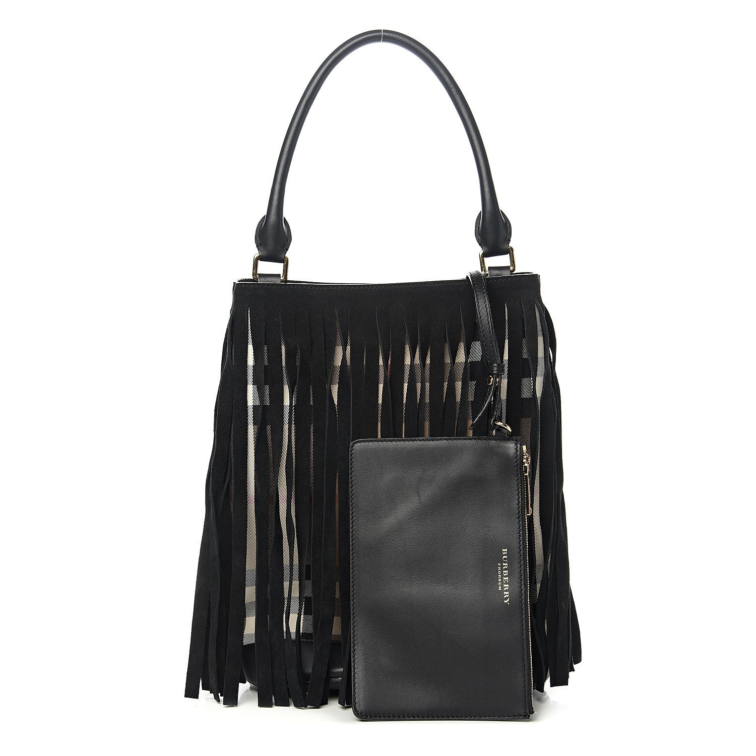 Burberry Prorsum Suede House Check Fringe Bucket Bag Black 1 of 9