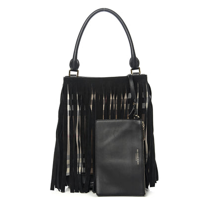 Burberry Prorsum Suede House Check Fringe Bucket Bag Black 1 of 9
