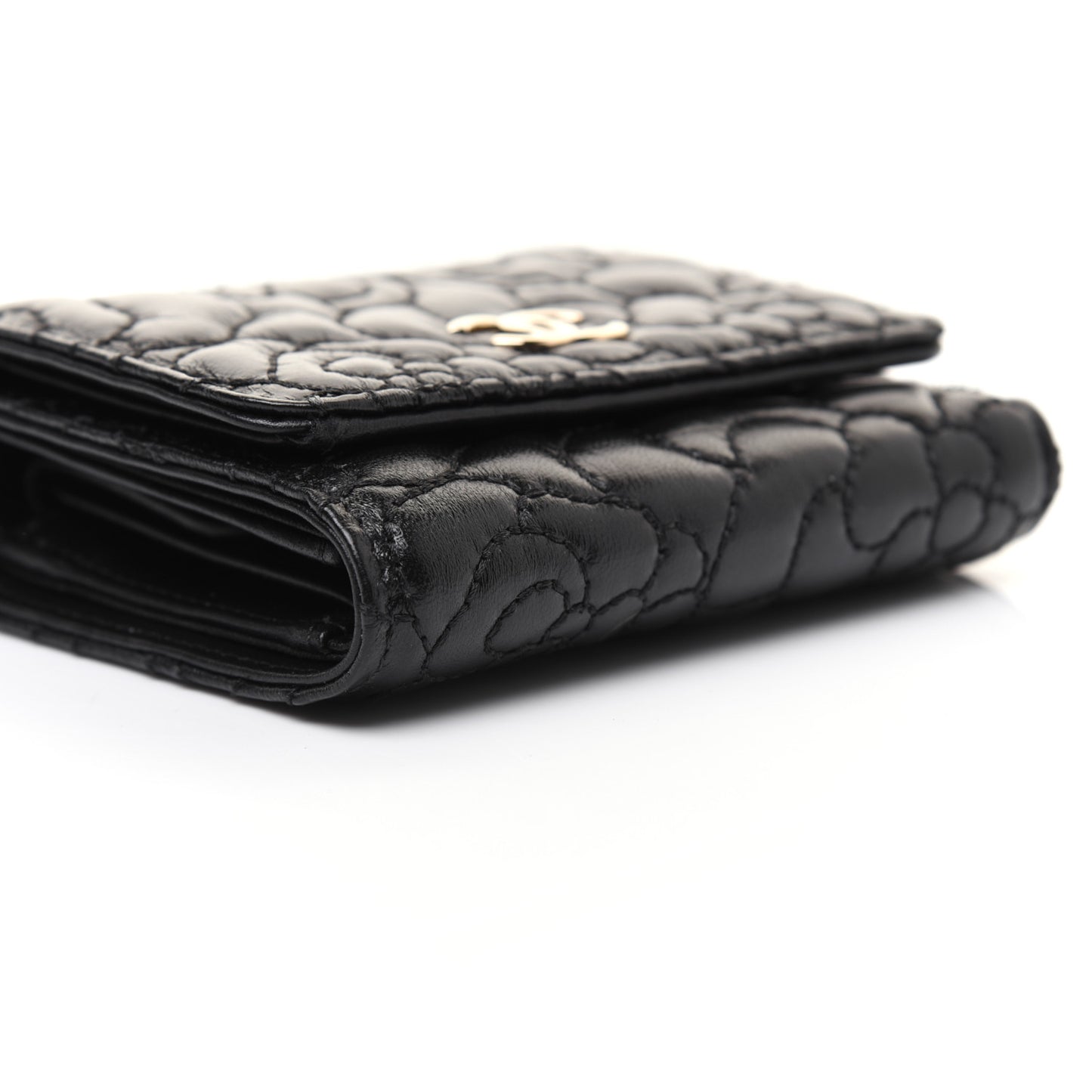 Lambskin Camellia Embossed Small Double Wallet Black