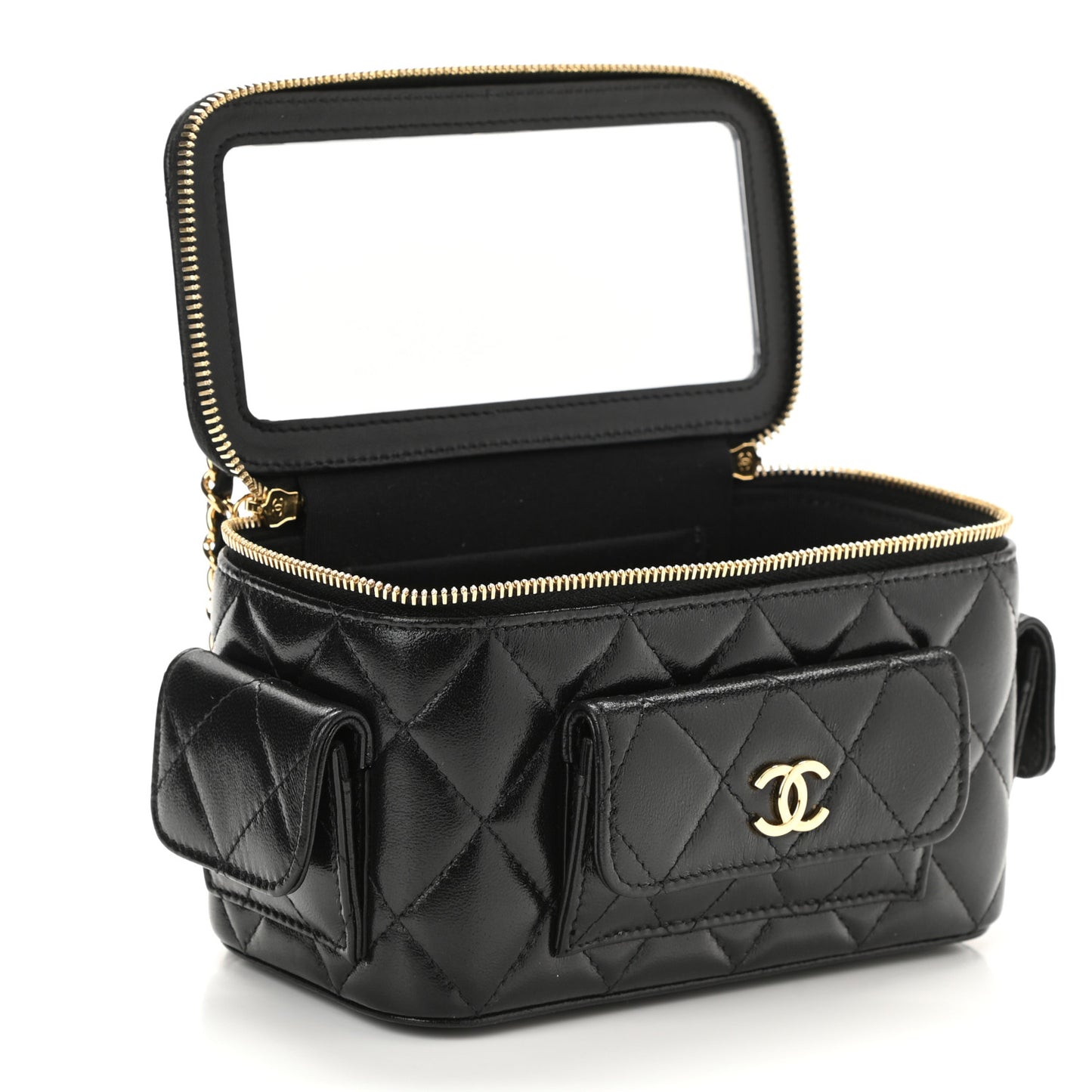 Lambskin Quilted Polly Pocket East West Top Vanity With Chain Black