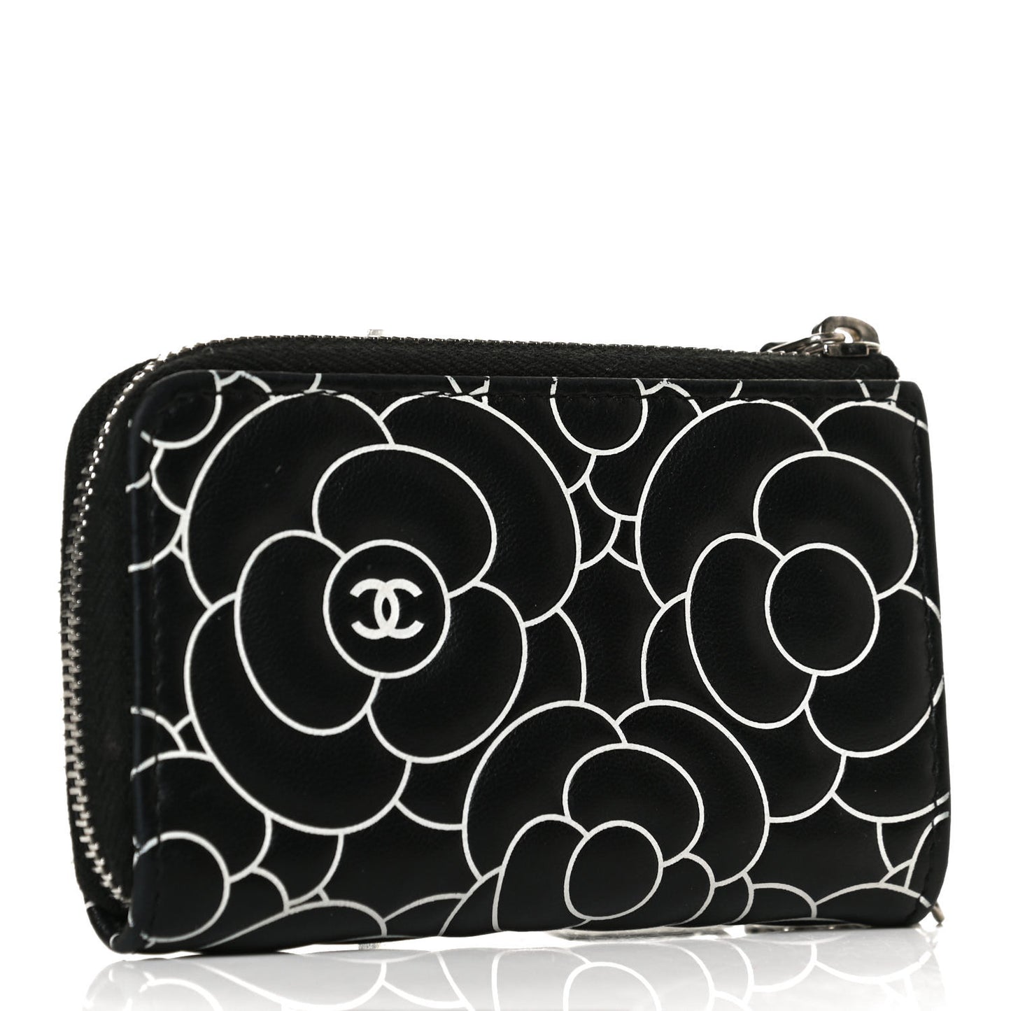 Lambskin Camellia Embossed Key Holder Case Black White
