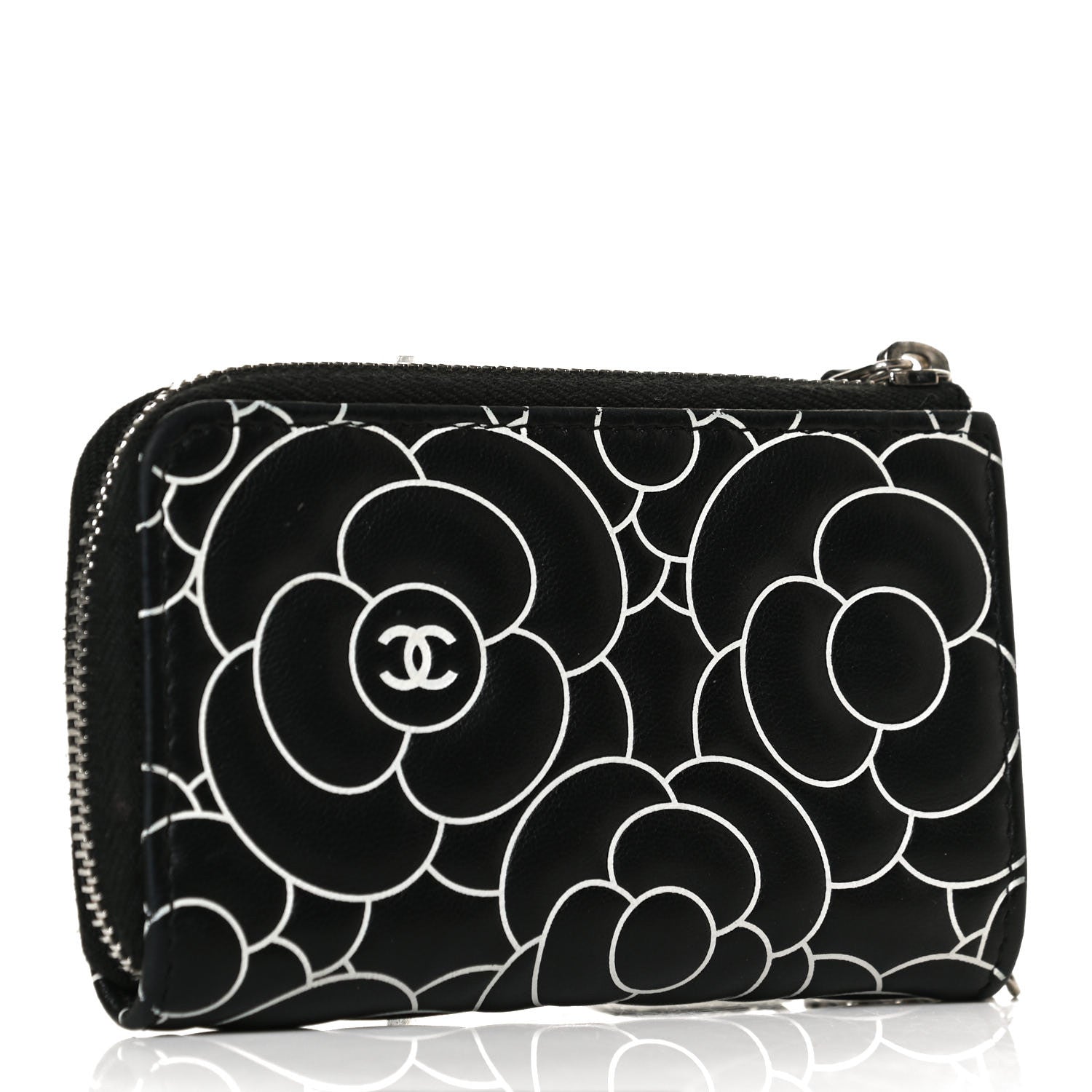 Chanel Lambskin Camellia Embossed Key Holder Case Black White 3 of 8