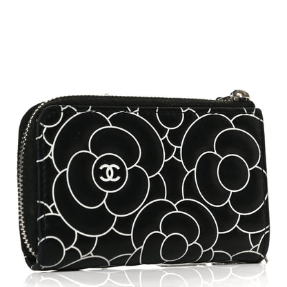 Chanel Lambskin Camellia Embossed Key Holder Case Black White 3 of 8