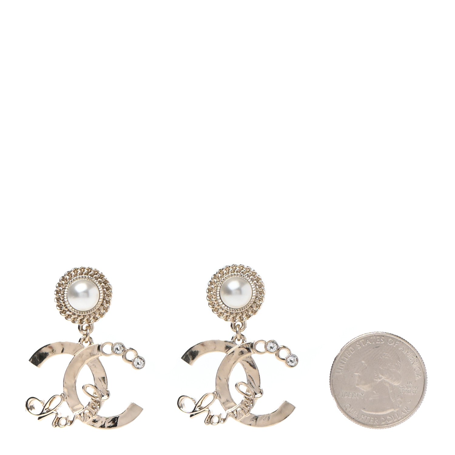 Chanel Metal Pearl Crystal Coco Script CC Drop Earrings Gold 2 of 4
