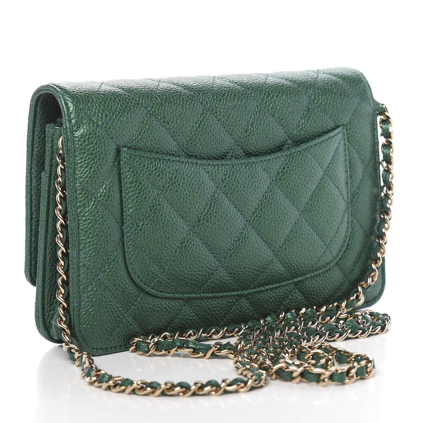 Metallic Caviar Quilted Wallet On Chain WOC Green