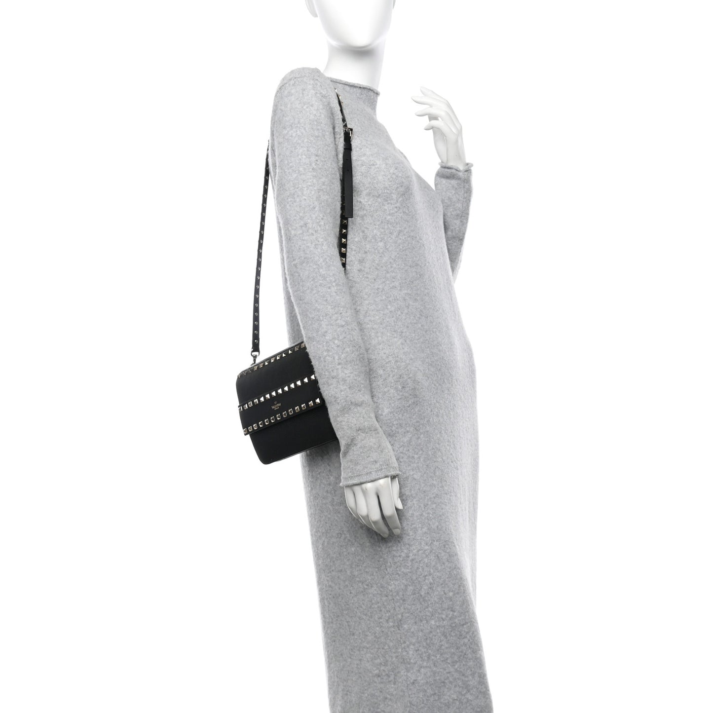 Pebbled Calfskin Rockstud Side Slip Crossbody Black