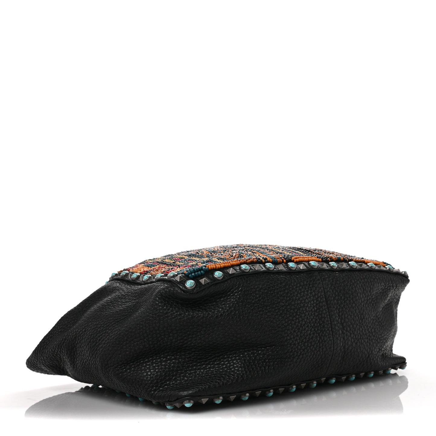 Pebbled Calfskin Beaded Guitar Strap Rockstud Rolling Tote Bag Black