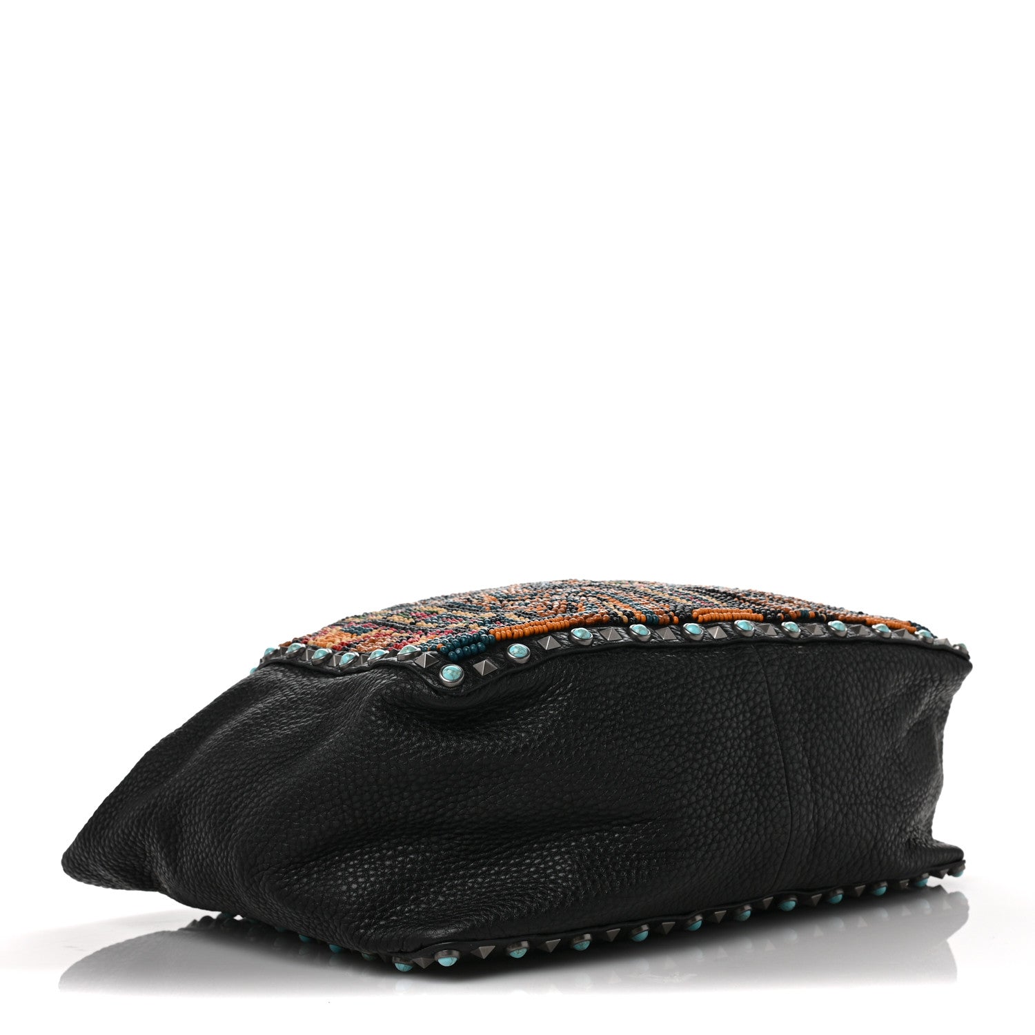 Valentino Garavani Pebbled Calfskin Beaded Guitar Strap Rockstud Rolling Tote Bag Black 3 of 7