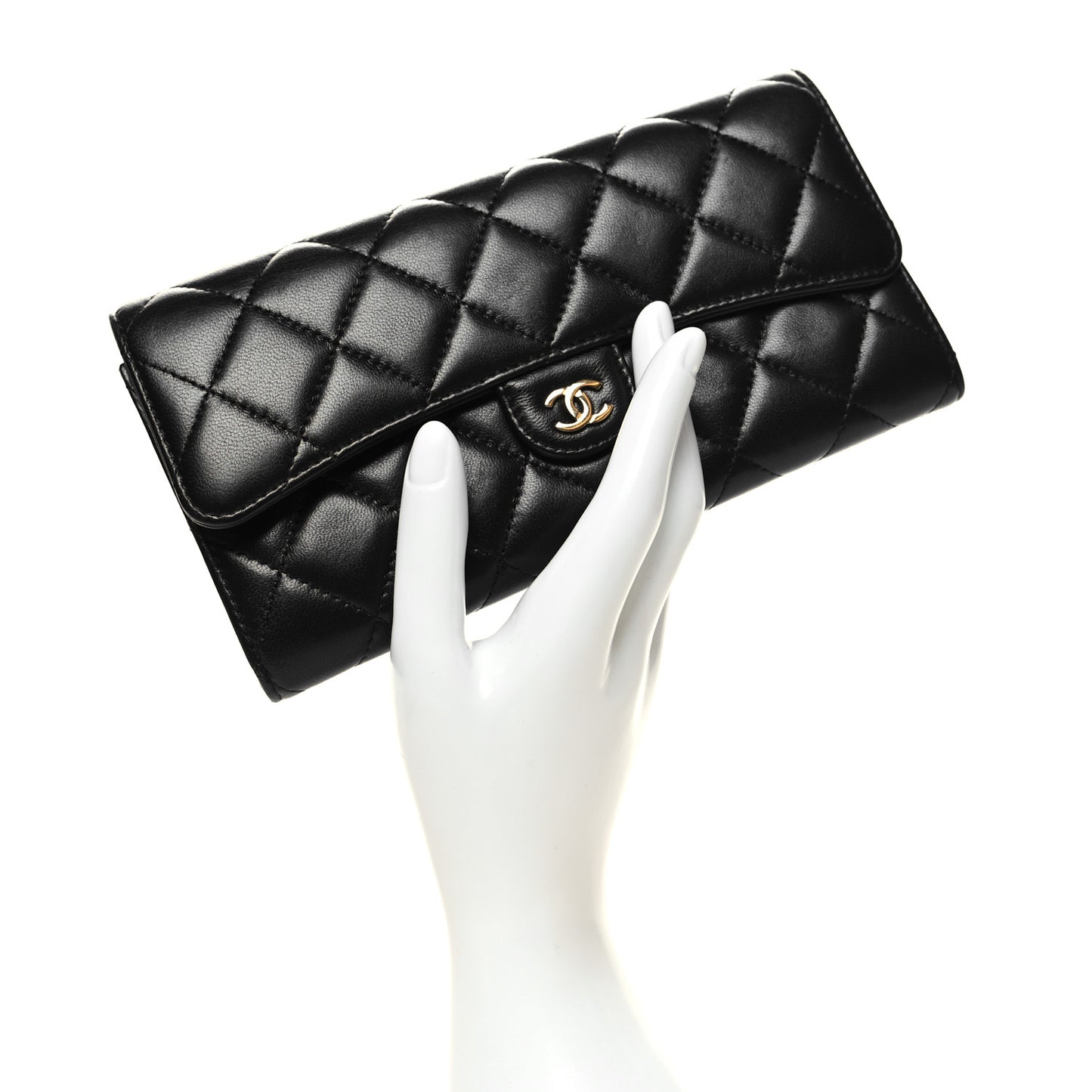 Lambskin Quilted Large Gusset Flap Wallet Black