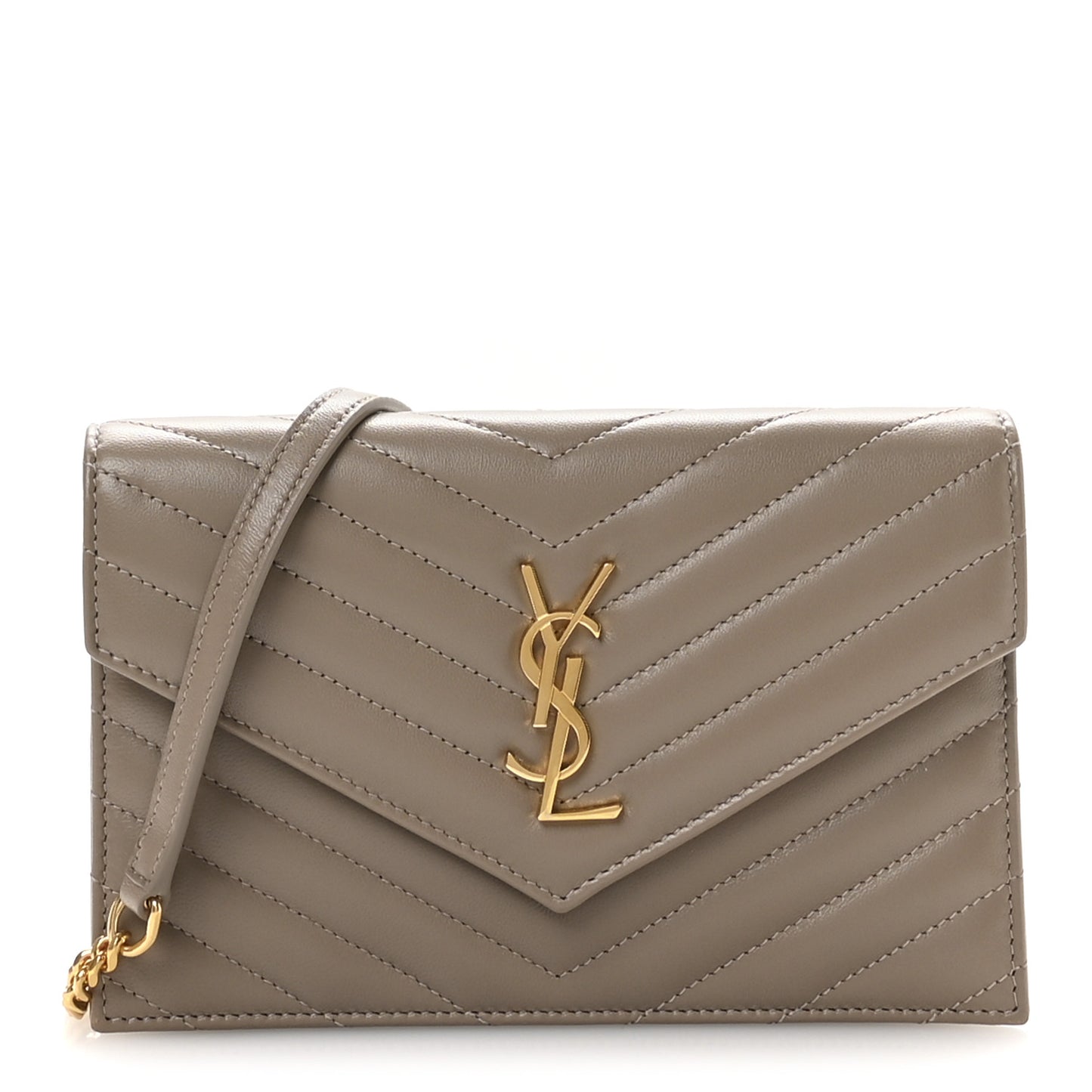 Lambskin Matelasse Chevron Monogram Envelope Chain Wallet Dusty Grey