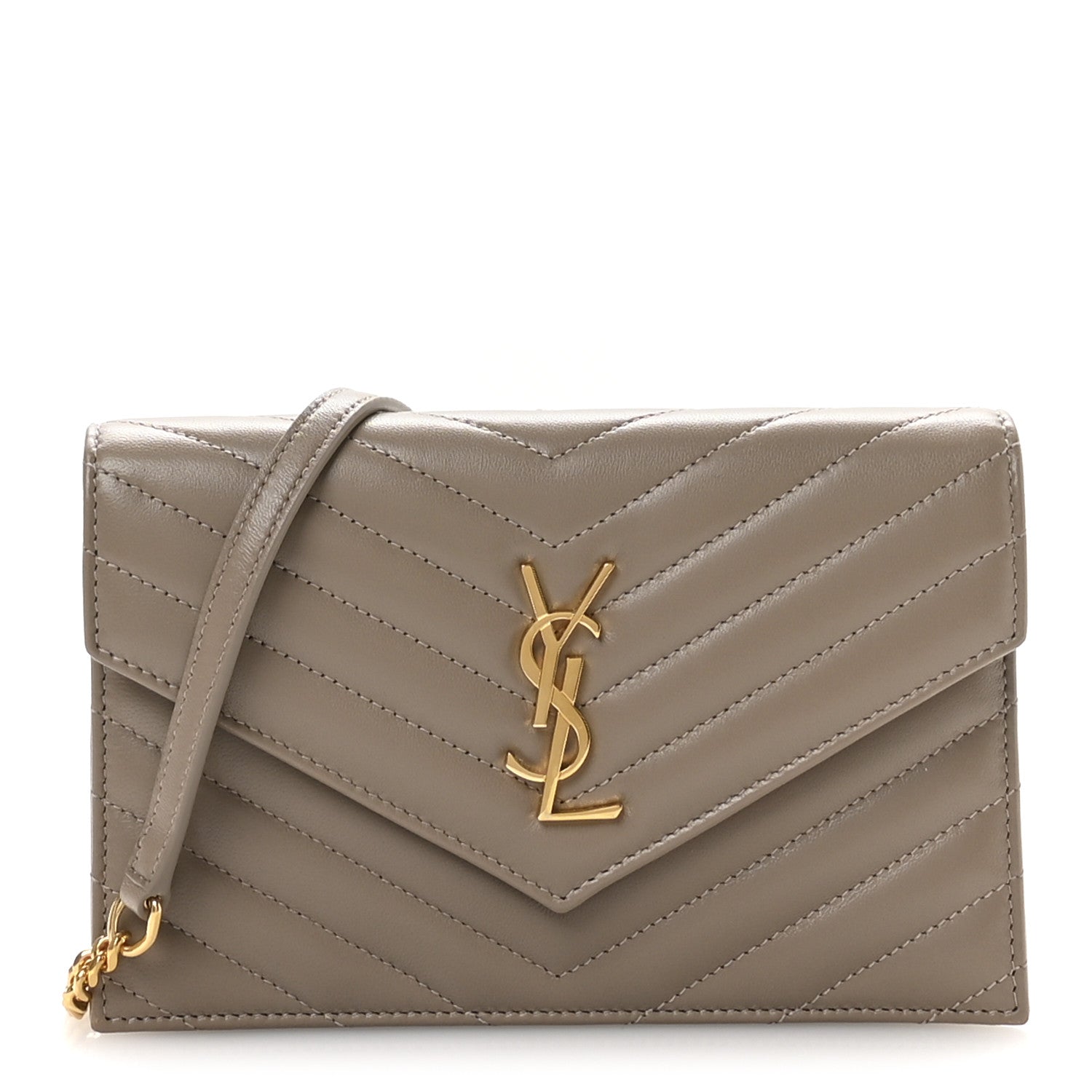 Saint Laurent Lambskin Matelasse Chevron Monogram Envelope Chain Wallet Dusty Grey 1 of 10