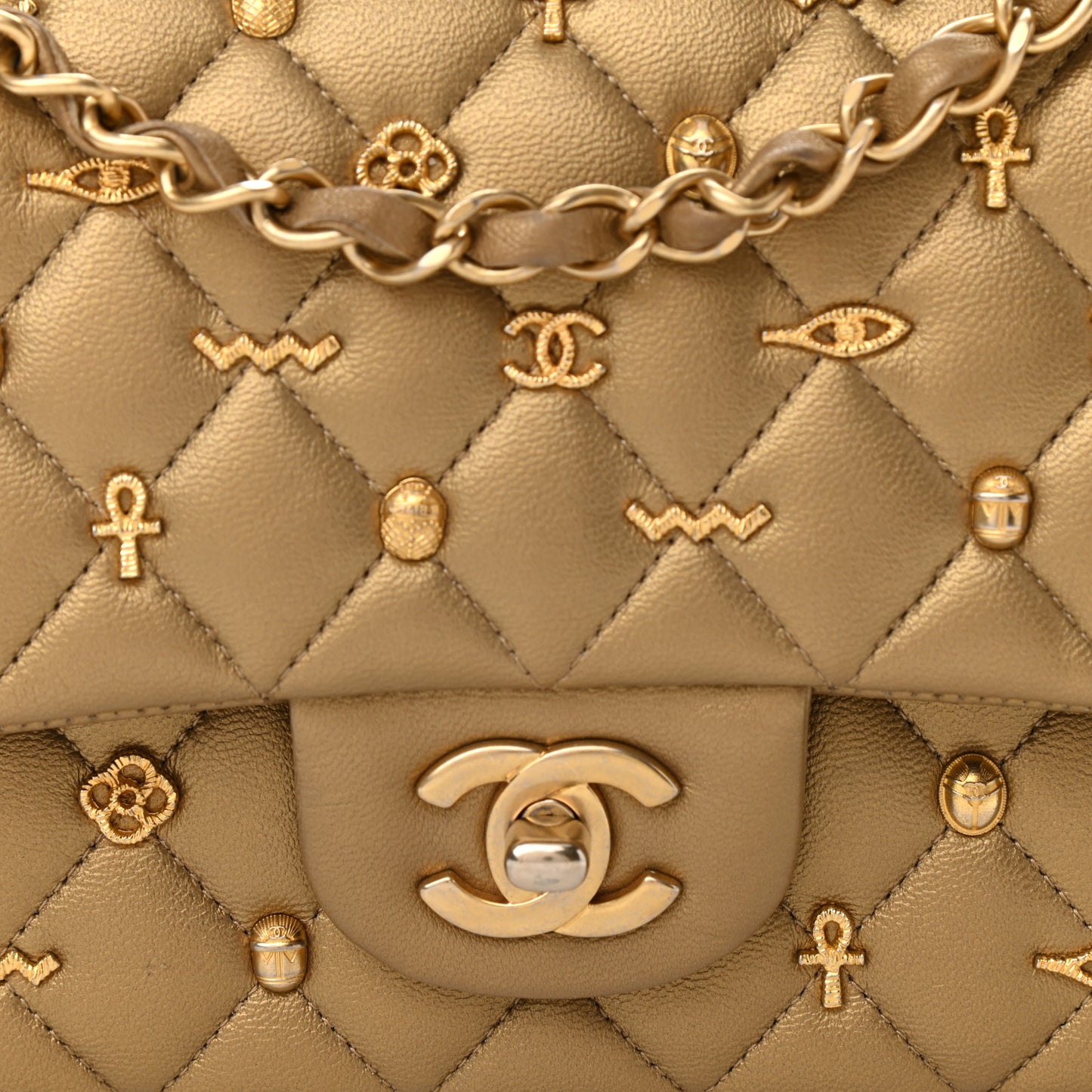 Metallic Lambskin Quilted Egyptian Amulet Medium Double Flap Gold